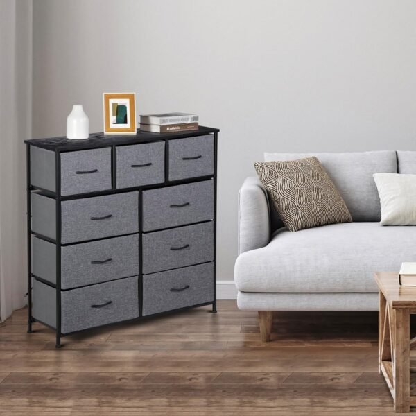 ZENY 9 Drawers Dresser, Fabric Storage Tower, Organizer Unit for Bedroom, Living Room, Hallway, Closet, Nursery, Tall Chest with Fabric Bins, Steel Frame, Wooden Top & Easy Pull Handle (Grey) - Image 10