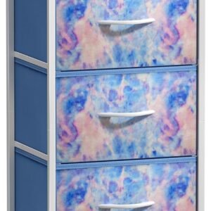 Sorbus Nightstand with 3 Drawers – Bedside Furniture & Accent End Table Chest for Home, Bedroom, Office, College Dorm, Steel Frame, Wood Top, Easy Pull Fabric Bins (3-Drawer, Pastel Tie-dye)