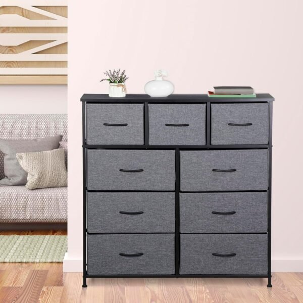 ZENY 9 Drawers Dresser, Fabric Storage Tower, Organizer Unit for Bedroom, Living Room, Hallway, Closet, Nursery, Tall Chest with Fabric Bins, Steel Frame, Wooden Top & Easy Pull Handle (Grey) - Image 6