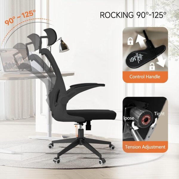 Ergonomic Office Chair,High Back Mesh Computer Desk Chair with Flip-up Arms,Adjustable Lumbar Support&Headrest,Comfy Swivel Rolling Task Chair for Home Office, Study,College Dorm.Black. - Image 4