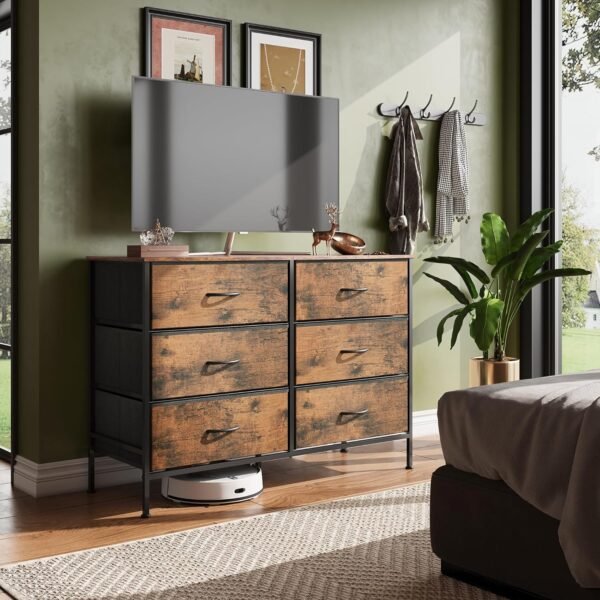 WLIVE Wide Dresser with 6 Drawers, TV Stand for 50 Inches TV, Entertainment Center with Metal Frame, Wooden Top, Fabric Storage Dresser for Bedroom, Hallway, Entryway, Rustic Brown Wood Grain Print - Image 2