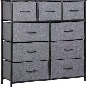 ZENY 9 Drawers Dresser, Fabric Storage Tower, Organizer Unit for Bedroom, Living Room, Hallway, Closet, Nursery, Tall Chest with Fabric Bins, Steel Frame, Wooden Top & Easy Pull Handle (Grey)