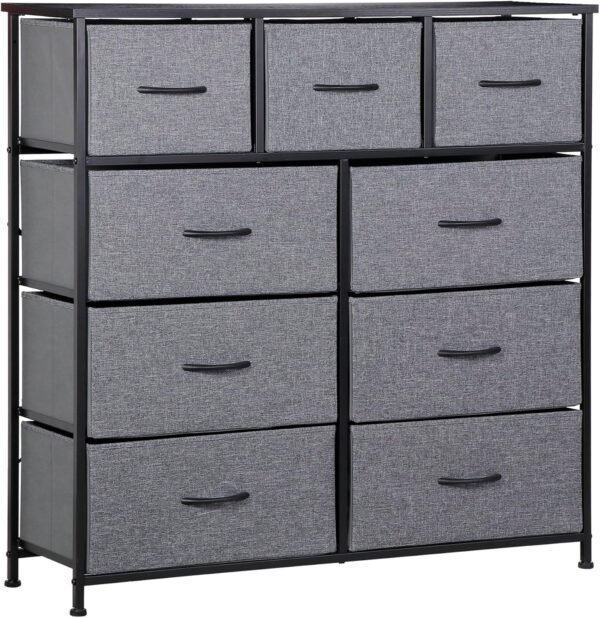 ZENY 9 Drawers Dresser, Fabric Storage Tower, Organizer Unit for Bedroom, Living Room, Hallway, Closet, Nursery, Tall Chest with Fabric Bins, Steel Frame, Wooden Top & Easy Pull Handle (Grey)