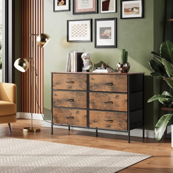 WLIVE Wide Dresser with 6 Drawers, TV Stand for 50 Inches TV, Entertainment Center with Metal Frame, Wooden Top, Fabric Storage Dresser for Bedroom, Hallway, Entryway, Rustic Brown Wood Grain Print - Image 4