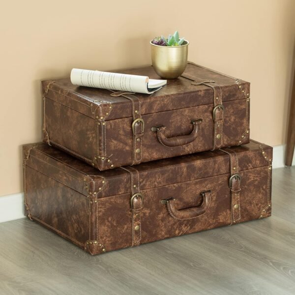 Vintiquewise Suitcase Storage Trunk with Faux Leather Set of 2 - Image 5