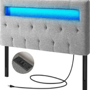 GREENSTELL Headboard for Twin Size Bed with 60,000 DIY Color of LED Light, USB & Type C Post, Attach Frame, Height Adjustable, Gray Wall Mounted Head Boards Only, Sturdy & Stable, Comfortable, Twin