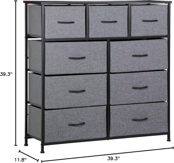 ZENY 9 Drawers Dresser, Fabric Storage Tower, Organizer Unit for Bedroom, Living Room, Hallway, Closet, Nursery, Tall Chest with Fabric Bins, Steel Frame, Wooden Top & Easy Pull Handle (Grey) - Image 3