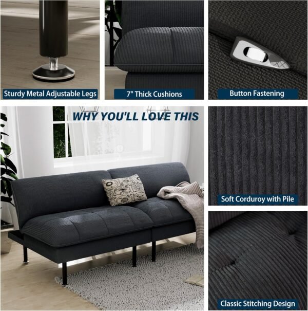 70" Futon Sofa Bed, 4-in-1 Multi-Function Couch Bed with Adjustable Backrest, Modern Convertible Futon, Recliner Love Seat Sleeper Sofa, Small Futon Couch for Living Room, Office, Grey - Image 7