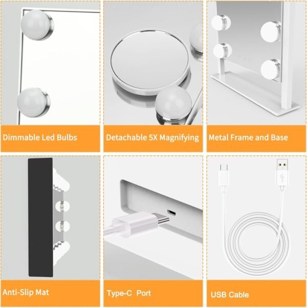 Vanity Mirror with Lights, Hollywood Lighted Makeup Mirror with 3 Color Lighting Modes and 12 Dimmable Bulbs, Detachable 5X Magnification, Smart Touch Control, 360°Rotation, White - Image 5