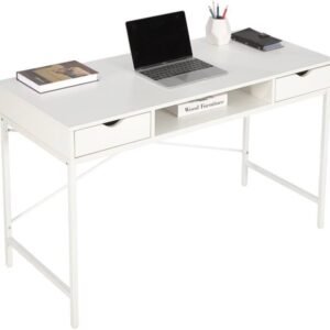 JJS 48′ Writing Desk with Drawers, Contemporary Home Office Large Computer Laptop Workstation with Storage, White Drawer