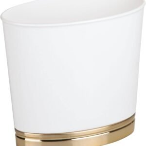 mDesign Oval Slim Decorative Trash Can with Accenting Base, Wastebasket for Bathroom, Bedroom Holds Garbage, Waste, Paper, Recyclables – Hyde Collection – White/Soft Brass