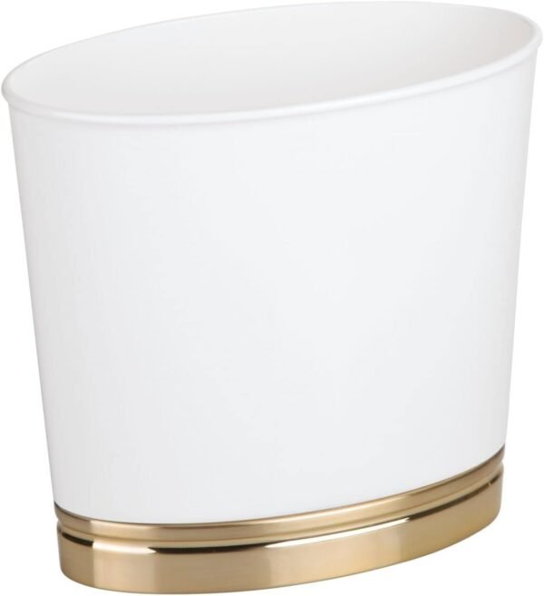 mDesign Oval Slim Decorative Trash Can with Accenting Base, Wastebasket for Bathroom, Bedroom Holds Garbage, Waste, Paper, Recyclables - Hyde Collection - White/Soft Brass