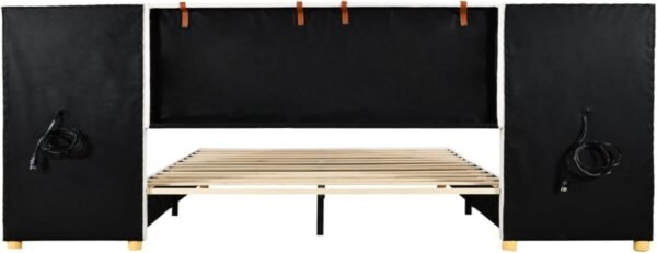 Ball & Cast Queen Upholstered Platform Bed with Oversized Soft Headboard,Wood Bedframe W/Integrated Storage Shelves,Power Outlet & USB Port on Both Sides,for Bedroom Guest Room Apartment,Beige Velvet - Image 11
