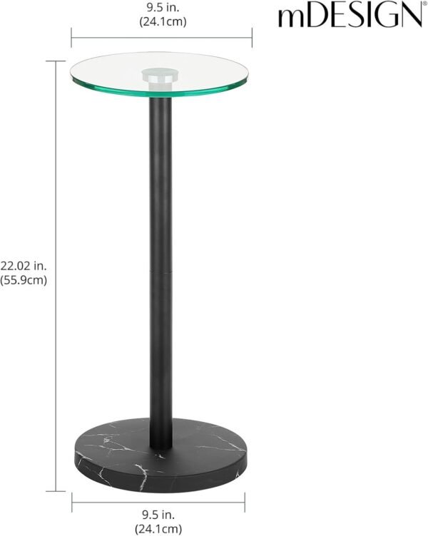mDesign Glass Top Side/End Drink Table - Small Modern Round Accent Metal Nightstand Furniture for Living Room, Dorm, Home Office, and Bedroom - 9" Round - Clear/Matte Black Marble Print - Image 3