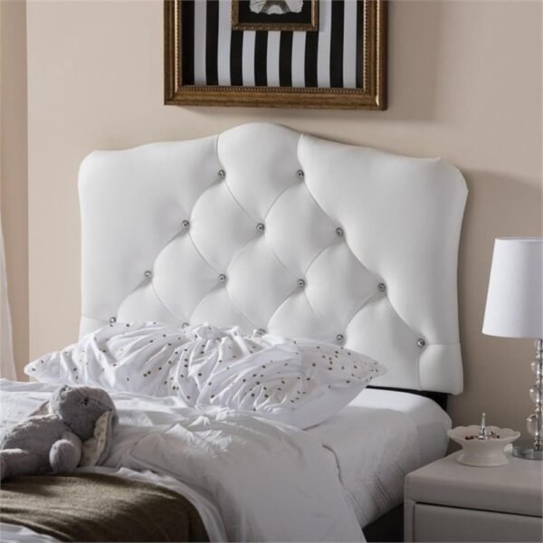 BOWERY HILL Faux Leather Upholstered Twin Headboard w/Crystal Buttons in White - Image 2