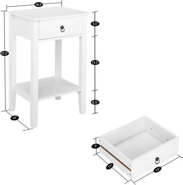 Nightstand, End Table with Drawers, Bed Side Table/Night Stand for Bedroom, Small Spaces, College Dorm, Kids’ Room, Living Room, Wood, 18W x 14D x 28H (White - D) - Image 3