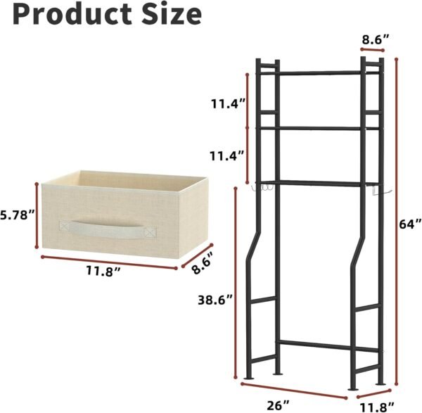 3 Tier Over The Toilet Storage Rack with 2 Basket, Metal Freestanding Bathroom Shelves Toilet with Paper Holder and 4 Hooks, Over Toilet Storage Shelf for Bathroom Storage, Black - Image 2