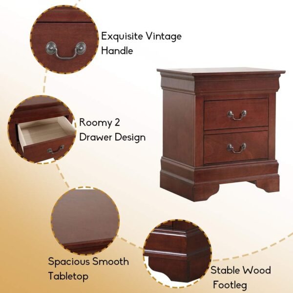 Mid-Century Modern Nightstand, 2 Drawer Small Side Table, Wood Cherry Bedside Furniture, Night Stand, End Table with Antique Handle for Bedroom, Living Room, College Dorm, Fully Assembled - Image 2
