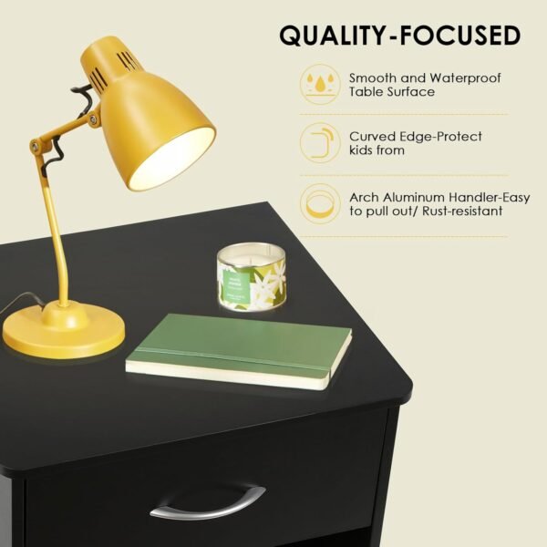 VOWNER 2 PCS Black Nightstand with Drawer and Storage Shelf, Bedside Table End Tables, File Cabinet Storage with Sliding Drawers and Shelf for Bedroom - Image 5