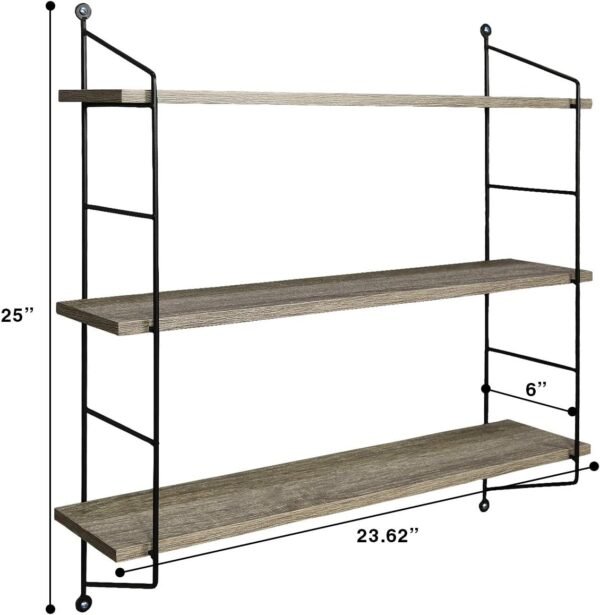 Sorbus® Floating Shelf with Metal Brackets — Wall Mounted Rustic Wood Wall Storage, Decorative Hanging Display for Trophy, Photo Frames, Collectibles, and Much More (3-Tier – Gray) - Image 3