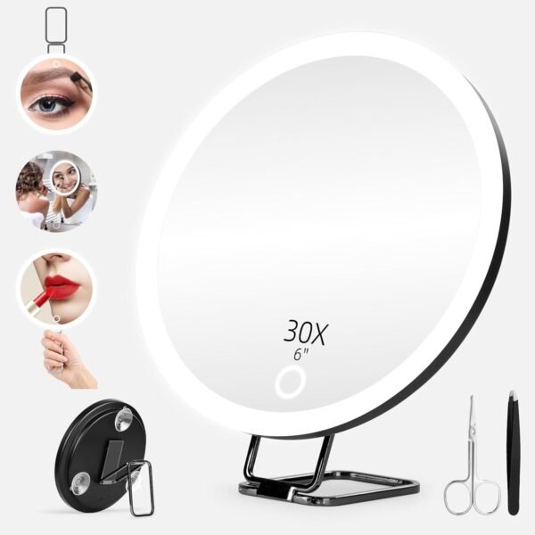 30x Magnifying Mirror with Light, Large 6" Rechargeable Lighted 30x Magnified Mirror with Suction Cups & Table Stand, 3 Color Modes Dimmable Light up Travel Magnifying Makeup Mirror High Magnification - Image 8