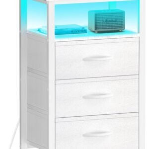 Nightstand with Charging Station, Bedside Table LED Night Stand with USB Ports and Outlets, End Table with 3 Fabric Drawers and Storage Shelf, Night Stands for Bedroom (White)
