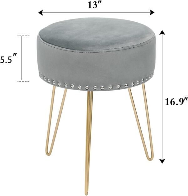 Adeco Round Grey Vanity Stool Chair, Upholstered Makeup Foot Stool Rest Ottoman with Gold Metal Legs for Makeup Room, Living Room - Image 3