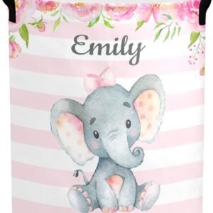 Pink Girl Elephant Personalized Freestanding Laundry Hamper, Custom Waterproof Collapsible Drawstring Basket Storage Bins with Handle for Clothes, Toy, 50cm x 36cm