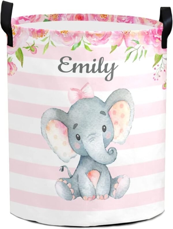 Pink Girl Elephant Personalized Freestanding Laundry Hamper, Custom Waterproof Collapsible Drawstring Basket Storage Bins with Handle for Clothes, Toy, 50cm x 36cm