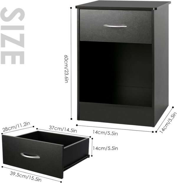 VOWNER 2 PCS Black Nightstand with Drawer and Storage Shelf, Bedside Table End Tables, File Cabinet Storage with Sliding Drawers and Shelf for Bedroom - Image 3