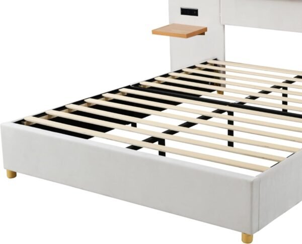 Ball & Cast Queen Upholstered Platform Bed with Oversized Soft Headboard,Wood Bedframe W/Integrated Storage Shelves,Power Outlet & USB Port on Both Sides,for Bedroom Guest Room Apartment,Beige Velvet - Image 7