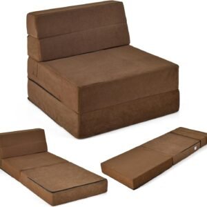 KOMFOTT Tri Folding Sofa Bed, Convertible Sleeper Chair Bed, 6″ Breathable High-Density Foam Futon Floor Couch Sleeping Mattress, Portable Guest Bed Lazy Couch with Removable & Washable Cover (Coffee)
