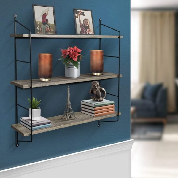 Sorbus® Floating Shelf with Metal Brackets — Wall Mounted Rustic Wood Wall Storage, Decorative Hanging Display for Trophy, Photo Frames, Collectibles, and Much More (3-Tier – Gray) - Image 2