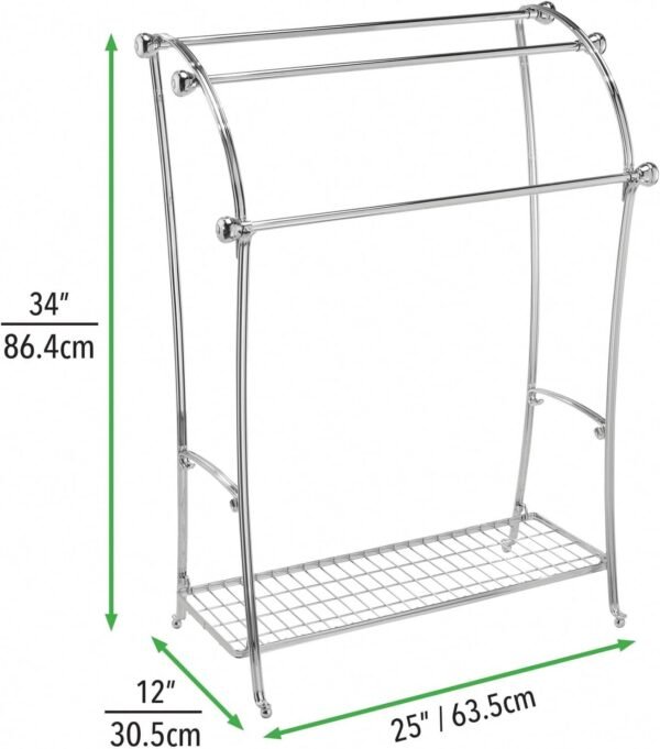 mDesign Large Standing Metal Bathroom Towel Holder Stand with Shelf - 3-Tier Towel Rack Stand for Hanging Bath, Hand, and Fingertip Towels - Towel Stand for Bathroom - Hyde Collection - Chrome - Image 4