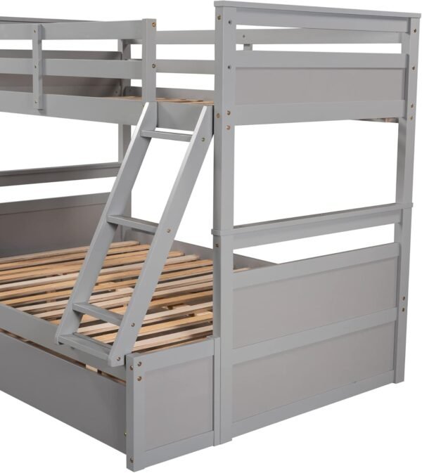 Merax Twin Over Full Bunk Bed, Wood Bunk Bed with Removable Ladders and Two Storage Drawers, Convertible into Two Individual Beds (Grey) - Image 9