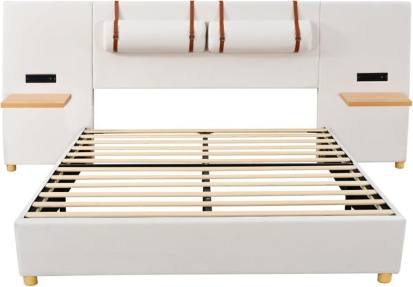 Ball & Cast Queen Upholstered Platform Bed with Oversized Soft Headboard,Wood Bedframe W/Integrated Storage Shelves,Power Outlet & USB Port on Both Sides,for Bedroom Guest Room Apartment,Beige Velvet - Image 10