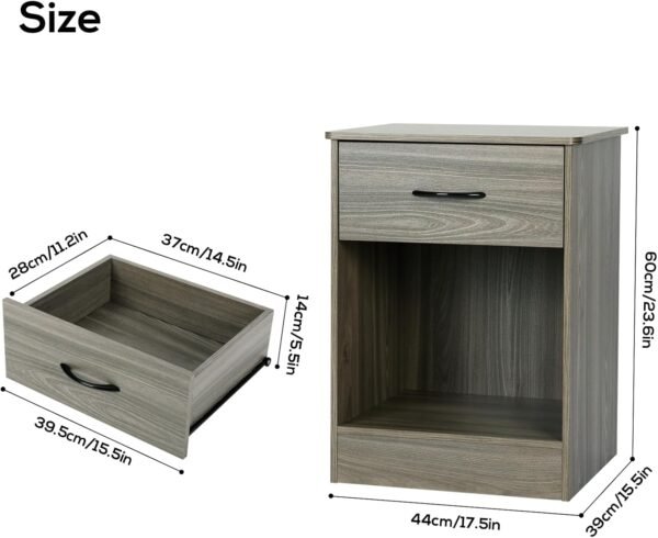 VOWNER 2 PCS Grey Nightstand with Drawer and Storage Shelf, Bedside Table End Tables, File Cabinet Storage with Sliding Drawers and Shelf for Bedroom - Image 3