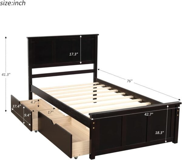 Harper & Bright Designs Twin Bed with Storage Drawers, Solid Wood Platform Bed Frame with Headboard - Espresso - Image 2
