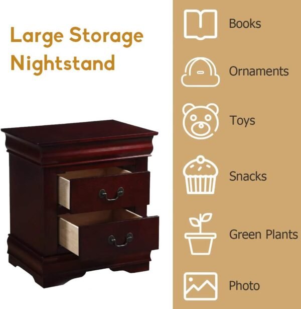 Mid-Century Modern Nightstand, 2 Drawer Small Side Table, Wood Cherry Bedside Furniture, Night Stand, End Table with Antique Handle for Bedroom, Living Room, College Dorm, Fully Assembled - Image 4