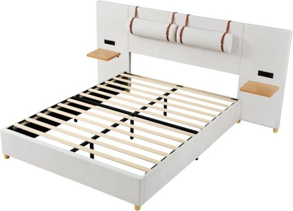 Ball & Cast Queen Upholstered Platform Bed with Oversized Soft Headboard,Wood Bedframe W/Integrated Storage Shelves,Power Outlet & USB Port on Both Sides,for Bedroom Guest Room Apartment,Beige Velvet - Image 8