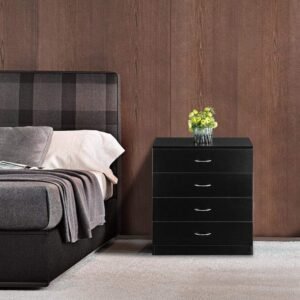 4 Drawer Nightstand, Black Night Stand for Bedroom, Modern 4 Drawer Dresser, Wood Bed Side Table/Night Stand with Drawers for Small Spaces, College Dorm, Kids’ Room, Living Room 13″ D X 26″ W X 29″ H