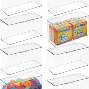 mDesign Plastic Stackable Playroom/Gaming Storage Organizer Bin Box with Hinged Lid for Drawer or Cabinet – Organize Electronics, Crayons, Games, Blocks, Toys, Lumiere Collection – 8 Pack – Clear