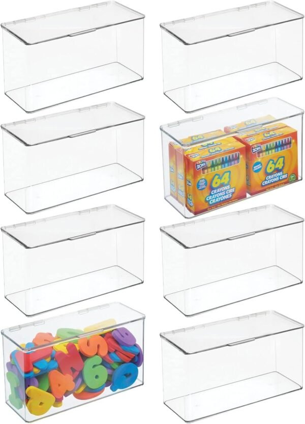 mDesign Plastic Stackable Playroom/Gaming Storage Organizer Bin Box with Hinged Lid for Drawer or Cabinet - Organize Electronics, Crayons, Games, Blocks, Toys, Lumiere Collection - 8 Pack - Clear