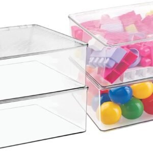 mDesign Plastic Stackable Rectangular Storage Bin, Drawer or Cabinet Organizer with Lid, Container Box for Organizing Electronics, Crayons, Puzzles, Games, Toys – Ligne Collection – 4 Pack – Clear