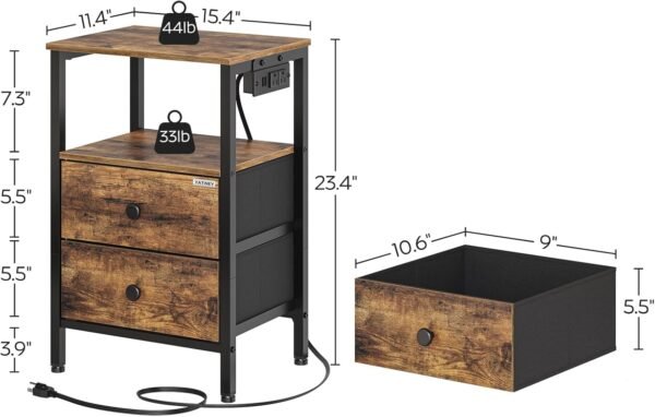 Nightstands Set of 2, Dorm Night Stand with Charging Station, Bedside Tables with 2 Non-Woven Drawers, Side Table for Dorm Room, End Table for Small Spaces, College, Living Room ET02L2BR - Image 3