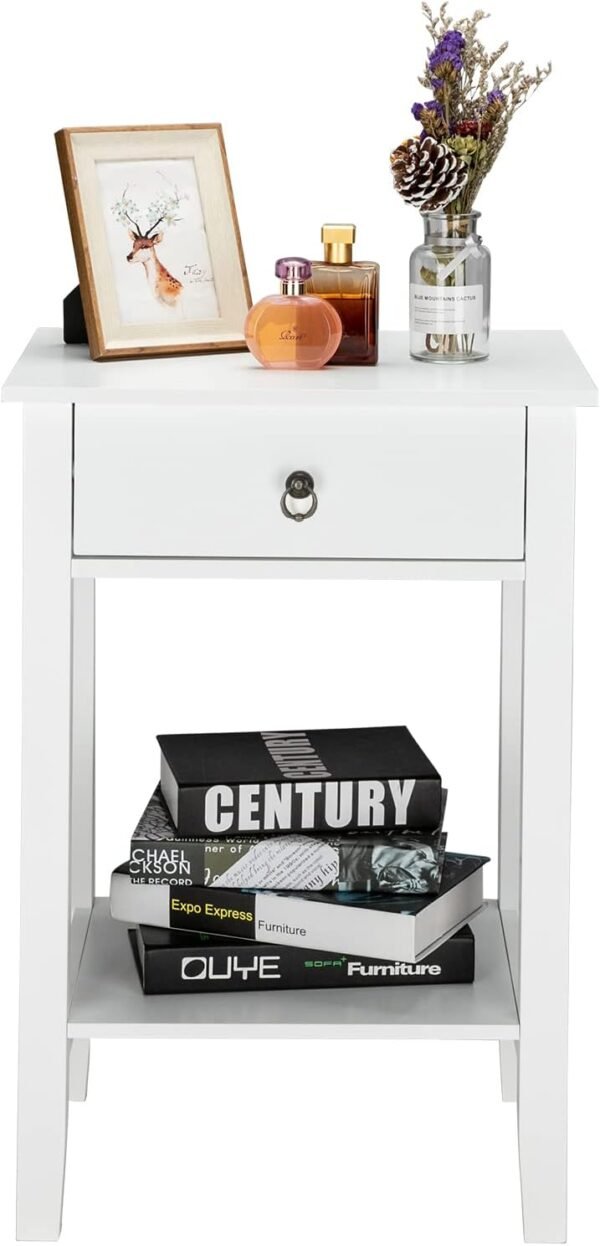 Nightstand, End Table with Drawers, Bed Side Table/Night Stand for Bedroom, Small Spaces, College Dorm, Kids’ Room, Living Room, Wood, 18W x 14D x 28H (White - D)