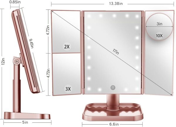 HUONUL Makeup Mirror, 10x3x2X Magnification, Lighted, Touch Control, Trifold, Dual Power Supply, Portable LED, Women Gift - Image 7