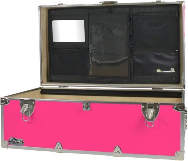 C&N Footlockers - Full-Size Happy Camper Trunk w/Lidmate Organizer - #1 Summer Camp Trunk - Made in the USA - Steel Footlocker with Lid Stay - 32 x 18 x 13.5 Inches (Hot Pink)