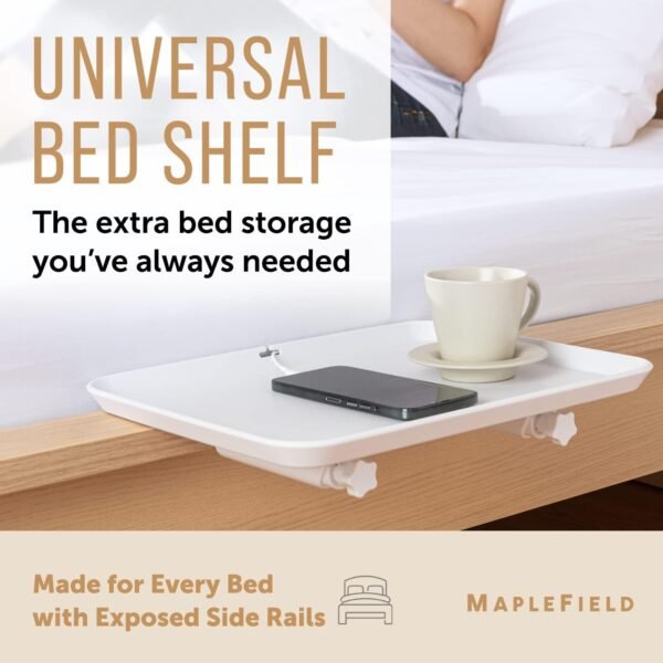 Maplefield Universal Bed Shelf - Clip-On Nightstand - Bedside Caddy for Bed - Great for Bunk Beds, Dorms, Small Spaces, and More - Holds Up to 60 LBS - 12” x 16 [White] - Image 2