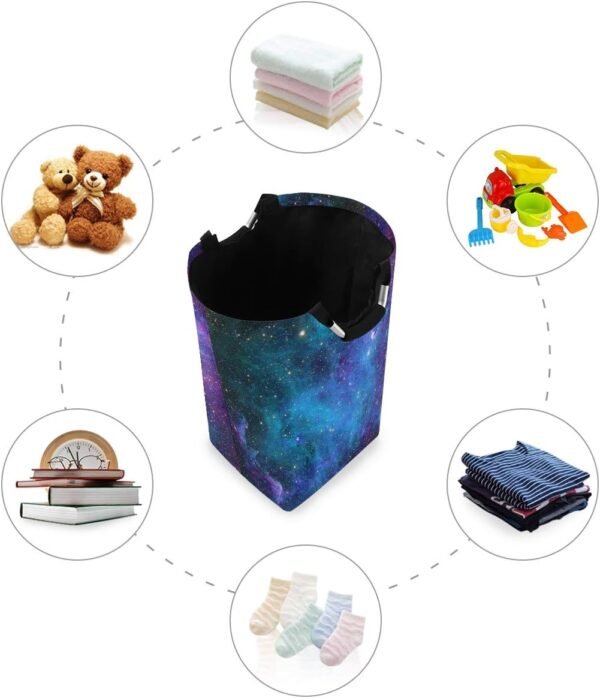 Blue Purple Galaxy Stars Laundry Hamper,Waterproof and Foldable Laundry Bag with Handles for Baby Nursery College Dorms Kids Bedroom Bathroom - Image 4